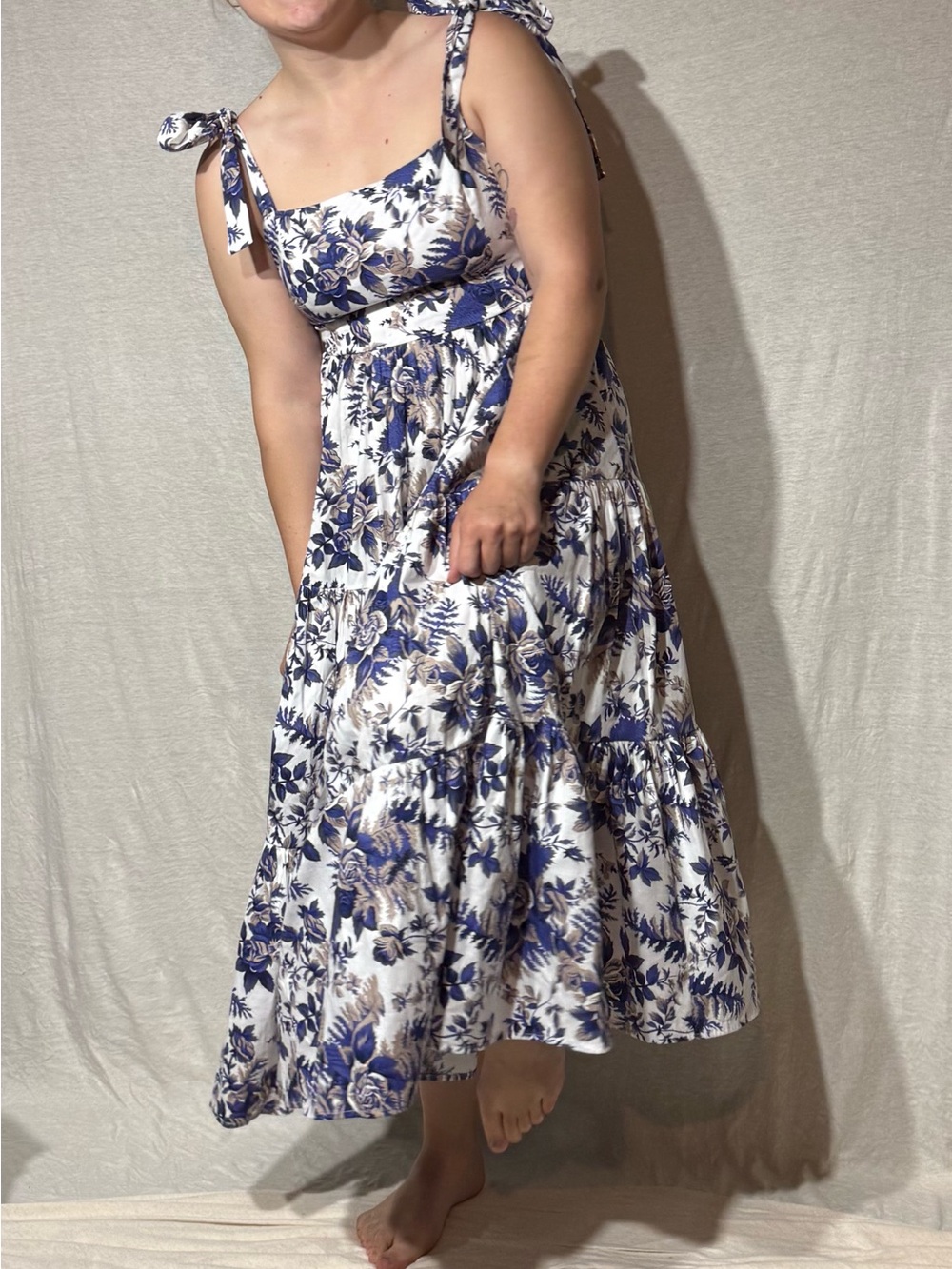 Lulu's Mallorca Memories White Midi Dress with Blue Floral Print and Tie Straps
